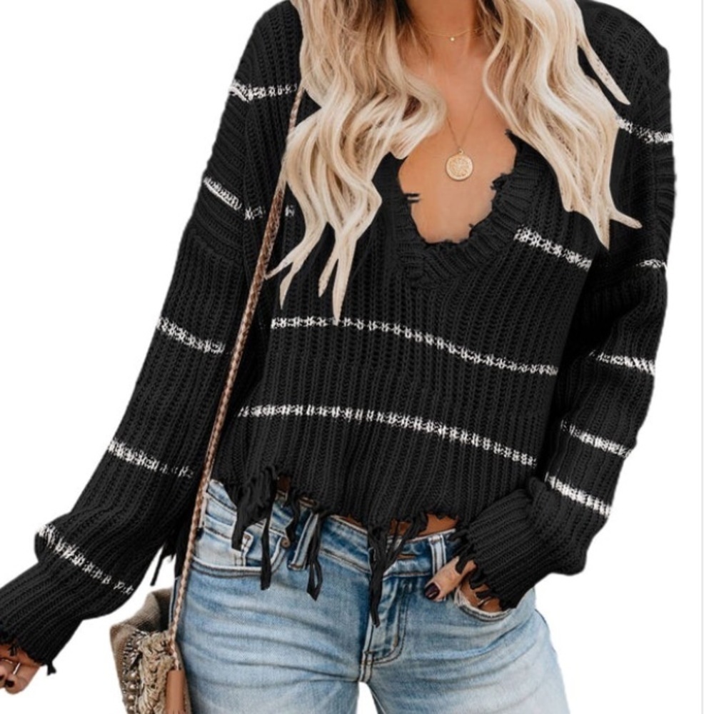 Andree Distressed V Neck Raw Hemline Striped Cropped Sweater ch.